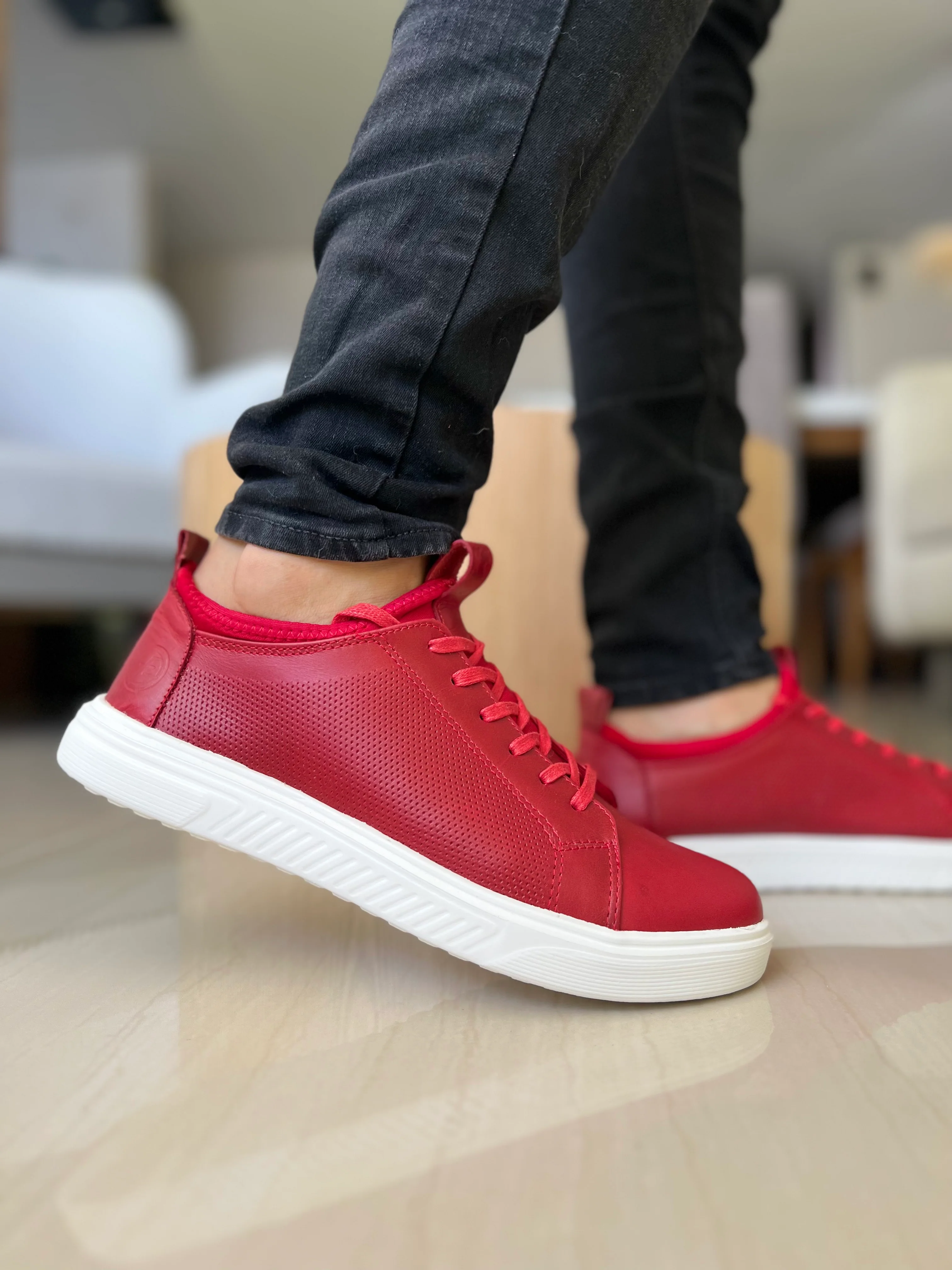 TENIS SNEAKERS PLANO TIPO MEDIA LEO PARA HOMBRE EN CUERO ROJO/ SPN 3021 - Image 3