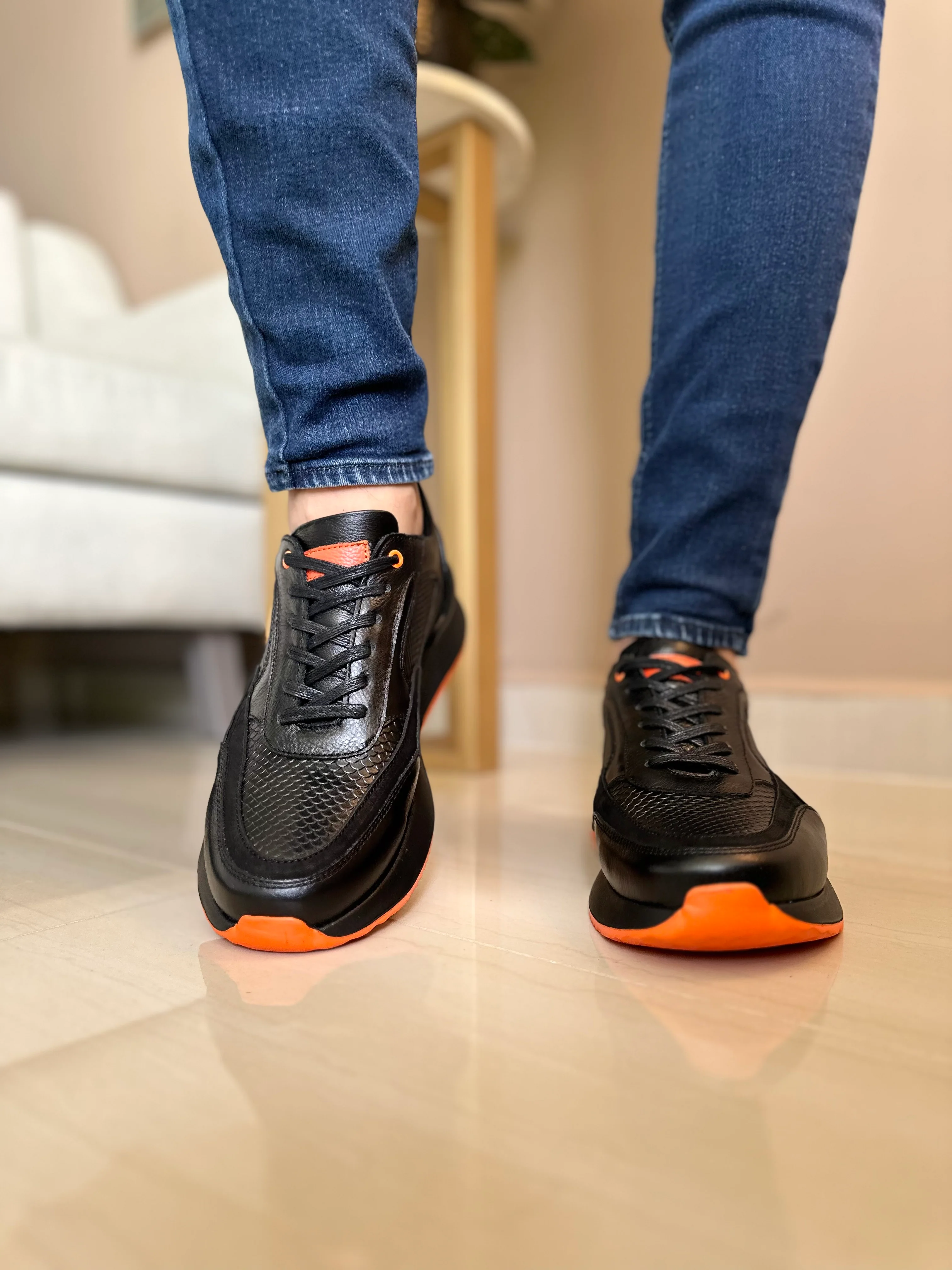 TENIS PARA HOMBRE EN CUERO NEGRO X NARANJA  REF: VERONA 3205 - Image 3